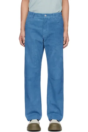 Bottega Veneta Pantalon bleu en velours côtelé et en suède à motif à rayures gaufré