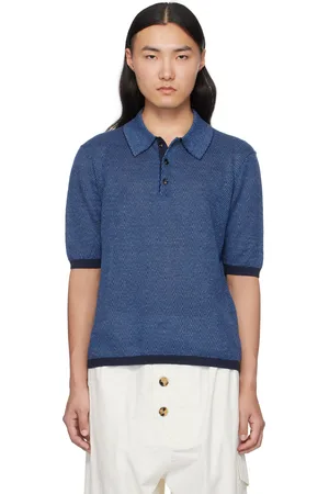 Bottega Veneta Polo bleu en tricot de lin à motif chevronné