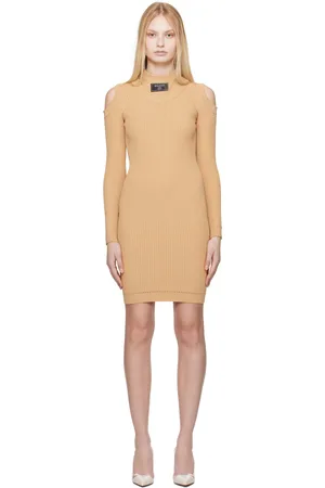 Balmain Robe courte beige en tricot à épaules à découpe