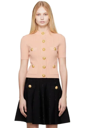 Balmain Cardigan rose en pointelle à quatre poches décoratives