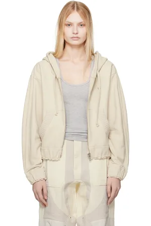 Moncler Pull à capuche beige en coton à œillets et à glissière - Moncler x Willow Smith