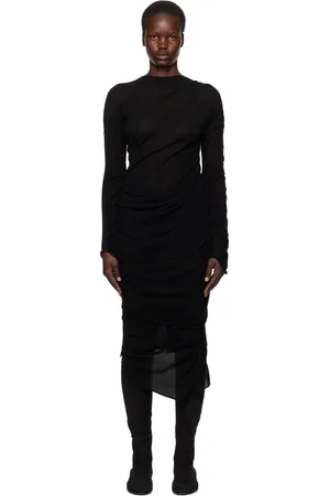 Issey Miyake Robe midi noire en laine à fronces Ambiguous