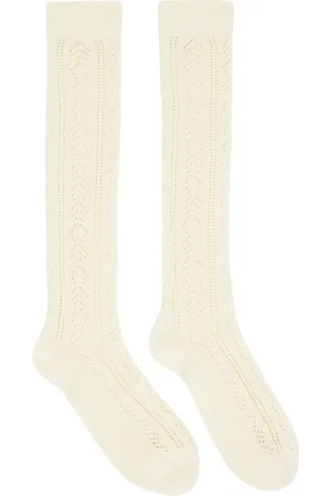 VALENTINO GARAVANI Chaussettes beiges en pointelle de coton à logo en V
