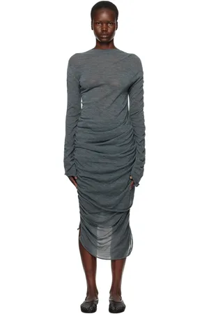 Issey Miyake Robe midi grise en laine à fronces Ambiguous