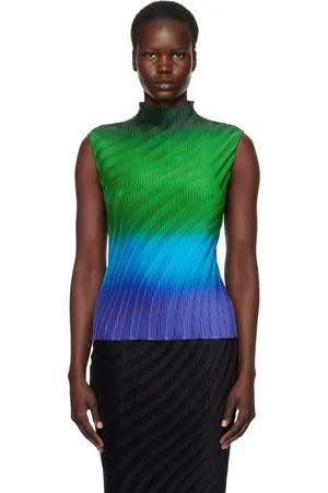 Issey Miyake Haut vert et bleu à plissures et à motif dégradé