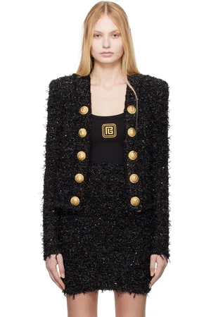 Balmain Blouson noir en tweed à boutons décoratifs