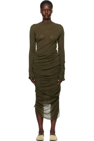 Issey Miyake Robe midi grise en laine à fronces Ambiguous