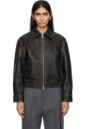 DUNST Blouson noir en cuir à col classique