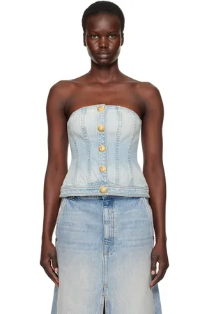 Balmain Haut de style corset bleu en denim à boutons