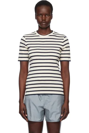 Jil Sander T-shirt blanc cassé et bleu marine à col ras du cou