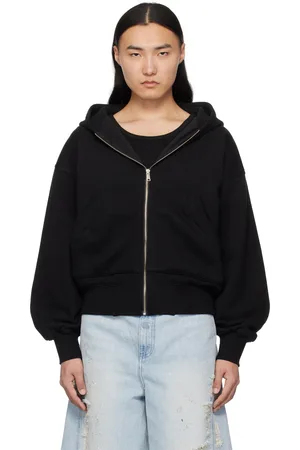 lesugiatelier Pull à capuche noir à glissière et à découpe