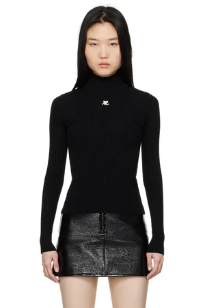 Courrèges Pull noir en tricot côtelé à col cheminée - Reedition