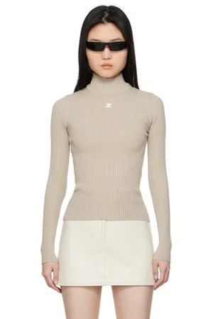 Courrèges Pull noir en tricot côtelé à col cheminée - Reedition