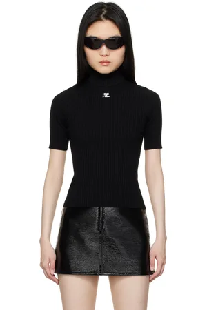 Courrèges Pull noir en tricot côtelé à manches courtes - Reedition
