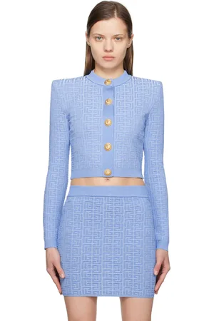 Balmain Cardigan bleu en tricot à motif PB Labyrinthe