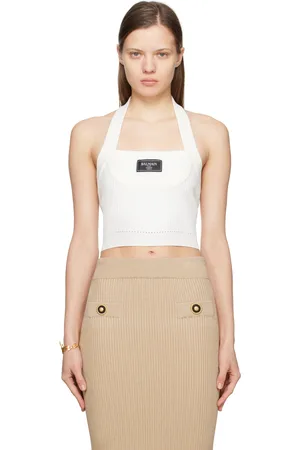 Balmain Débardeur blanc en tricot côtelé à corsage bain de soleil