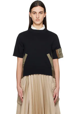 SACAI Pull bleu marine et kaki en sergé de nylon et en tricot