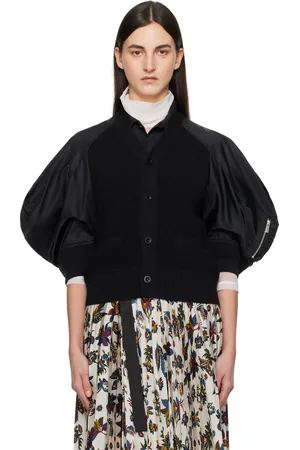 SACAI Cardigan noir en sergé de nylon et en tricot