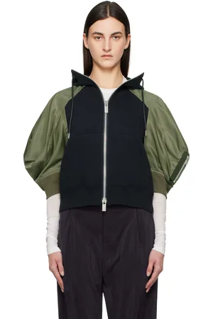 SACAI Pull à capuche bleu marine et kaki en jersey de coton et en sergé de nylon