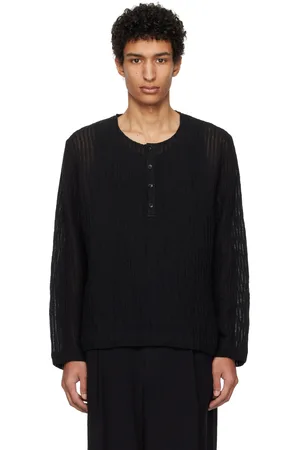 COMMAS Henley noir en toile transparente de lin à rayures