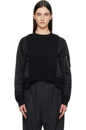 SACAI Pull molletonné noir en jersey de coton et en sergé de nylon