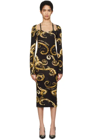 VERSACE Robe midi noire à motif Chromo Couture