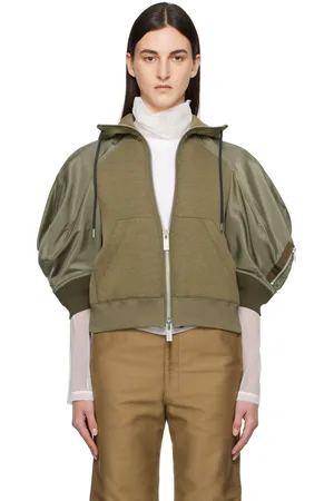SACAI Pull à capuche kaki en jersey de coton et en sergé de nylon