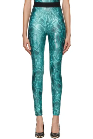 VERSACE Legging bleu à motif peau-de-serpent et logos imprimés