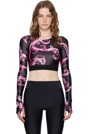 VERSACE T-shirt à manches longues noir et rose à motif Chromo Couture