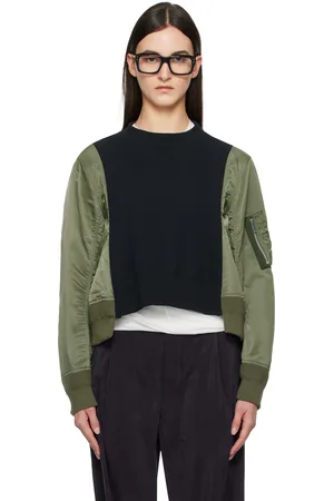 SACAI Pull molletonné bleu marine et kaki en jersey de coton et en sergé de nylon