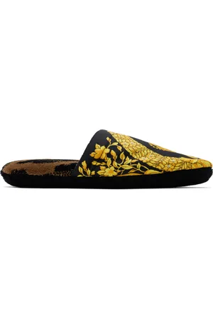 VERSACE Pantoufles noir et jaune à motif I Love Baroque
