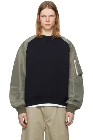 SACAI Pull molletonné bleu marine et kaki en jersey de coton et en sergé de nylon