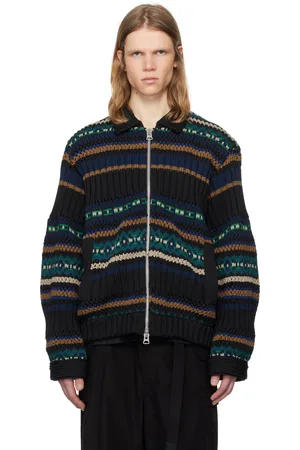SACAI Cardigan noir et vert en tricot à mailles ouvertes