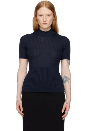 VERSACE Col roulé bleu marine en tricot côtelé
