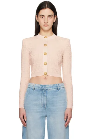 Balmain Cardigan beige en tricot à motif PB Labyrinthe