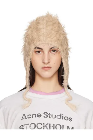 Acne Studios Bonnet beige en tricot à poils longs