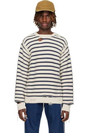 Maison Margiela Pull blanc cassé et bleu marine en tricot de coton