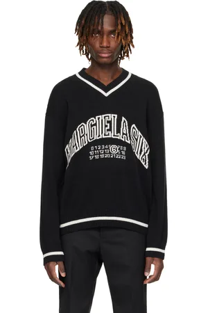 Maison Margiela Pull noir et blanc à col en V et à logo de style collégial