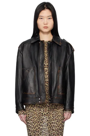 BLUMARINE Blouson motard noir en cuir à effet délavé