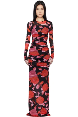 BLUMARINE Robe longue noir et rouge à motif fleuri imprimé