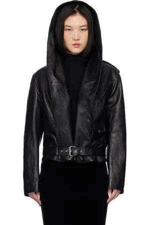 Alaïa Blouson motard noir en cuir à capuche