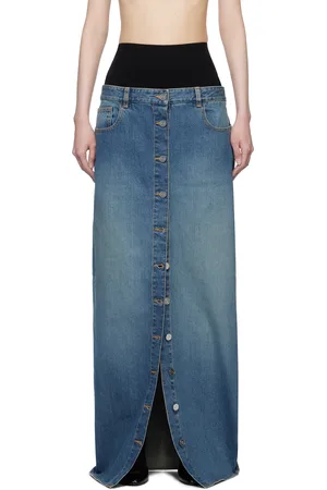 Alaïa Jupe longue bleue en denim à taille en tricot intégrée