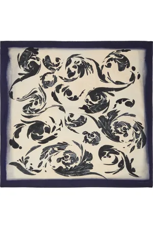 DRIES VAN NOTEN Foulard blanc cassé et bleu marine en soie à motif graphique imprimé