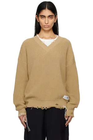 Maison Margiela Pull beige en tricot à col en V et à effet usé