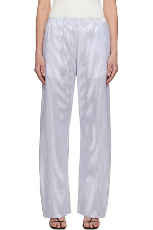 Maison Margiela Pantalon de détente blanc et bleu en popeline de coton à rayures