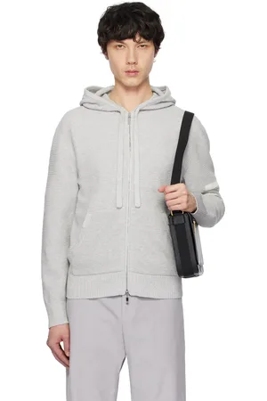 Thom Browne Pull à capuche décontracté gris en lin et coton à quatre rayures et à glissière