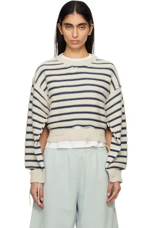 Maison Margiela Pull blanc cassé et bleu marine en tricot à rayures
