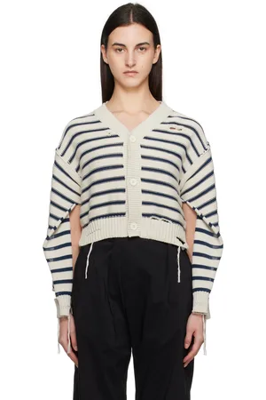 Maison Margiela Cardigan blanc cassé et bleu marine à col en V