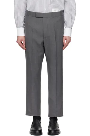 Thom Browne Pantalon gris en sergé à patte boutonnée à l