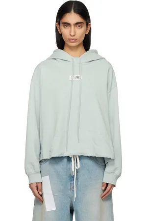 Maison Margiela Pull à capuche bleu à logo et à bord brut